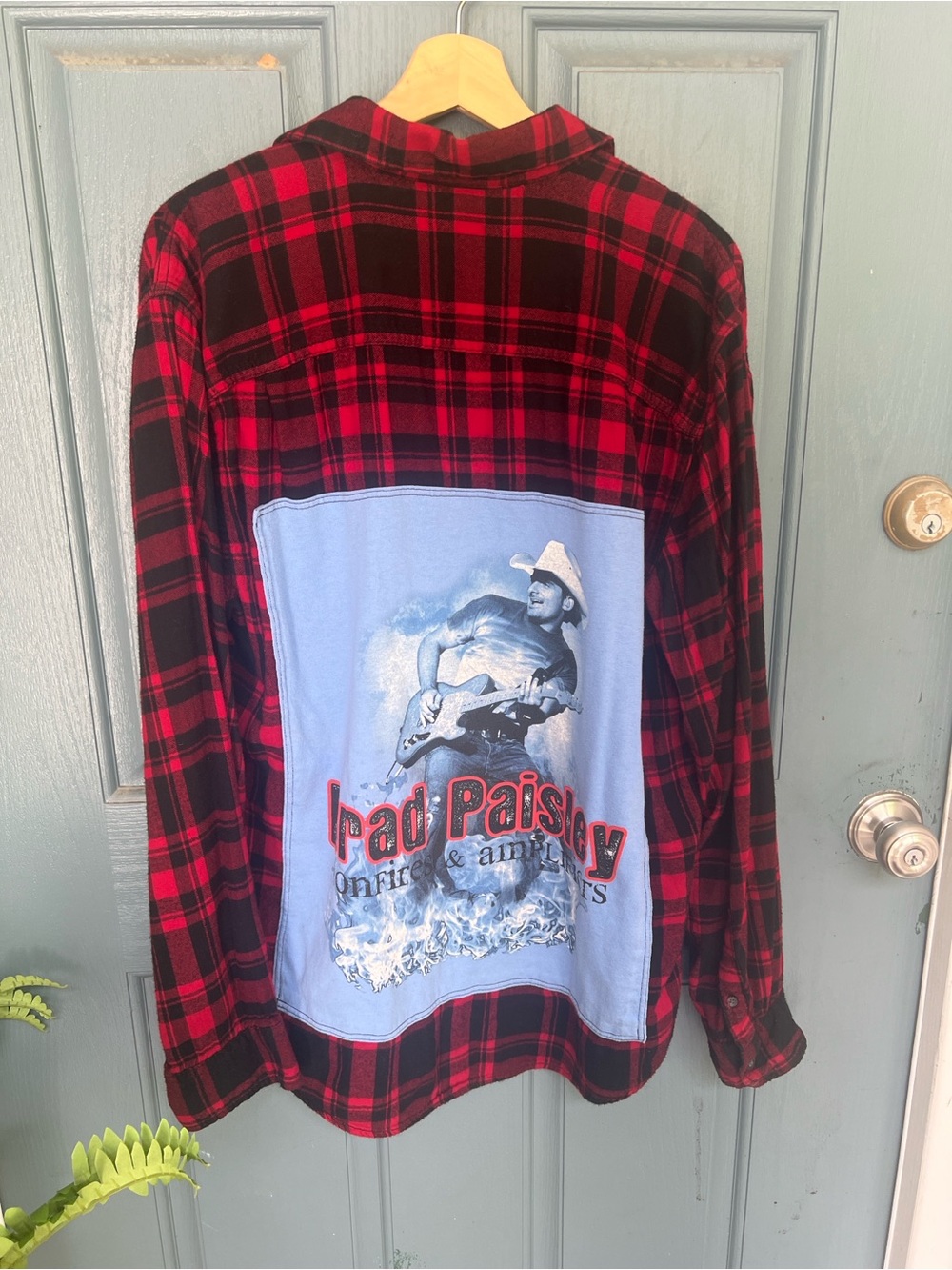 Upcycled Brad Paisley Concert Tee on Red and Black Flannel Shirt